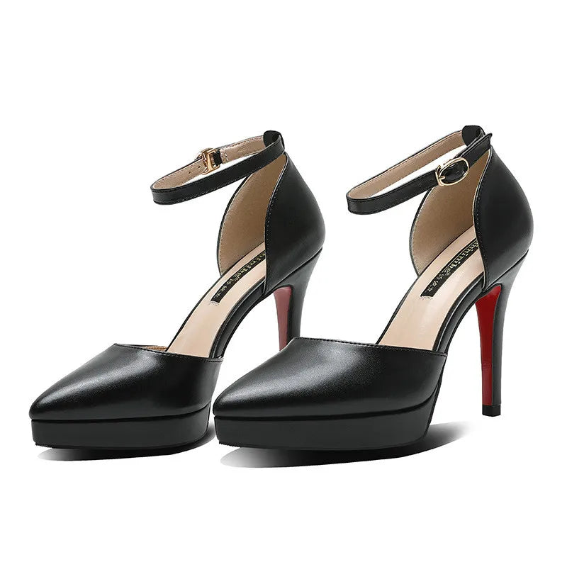 2025 Summer Brand Ankle Straps Womens Sandals 10 Cm Sexy Pointed Toe Platform Pumps Matte Leather Ladies High Heels Size 32 33