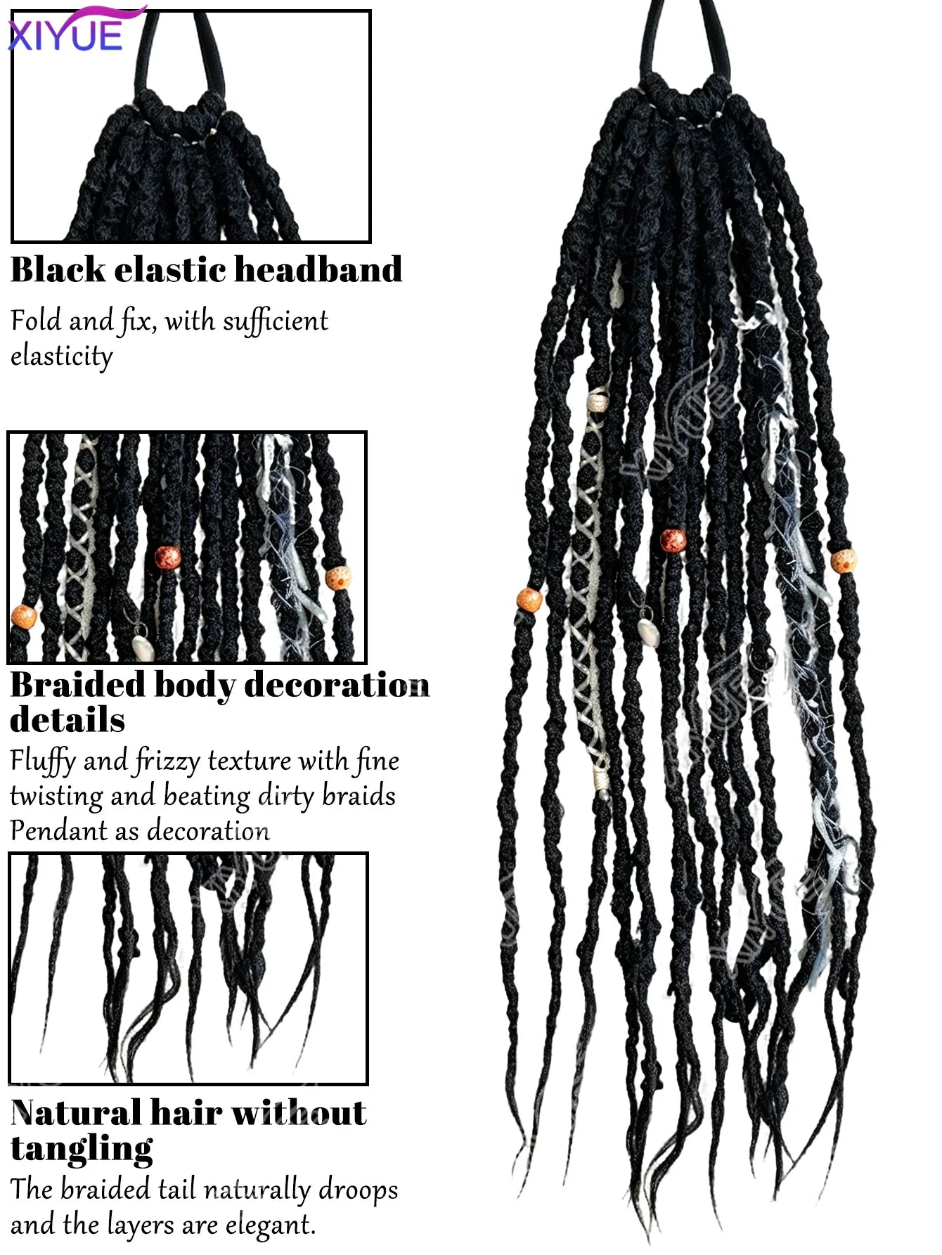 XIYUE Synthetic Dreads Fiber Cool Girl Dreadlock Hair Extensions, High Elastic Tie, Perfect for Daily & Party Styles
