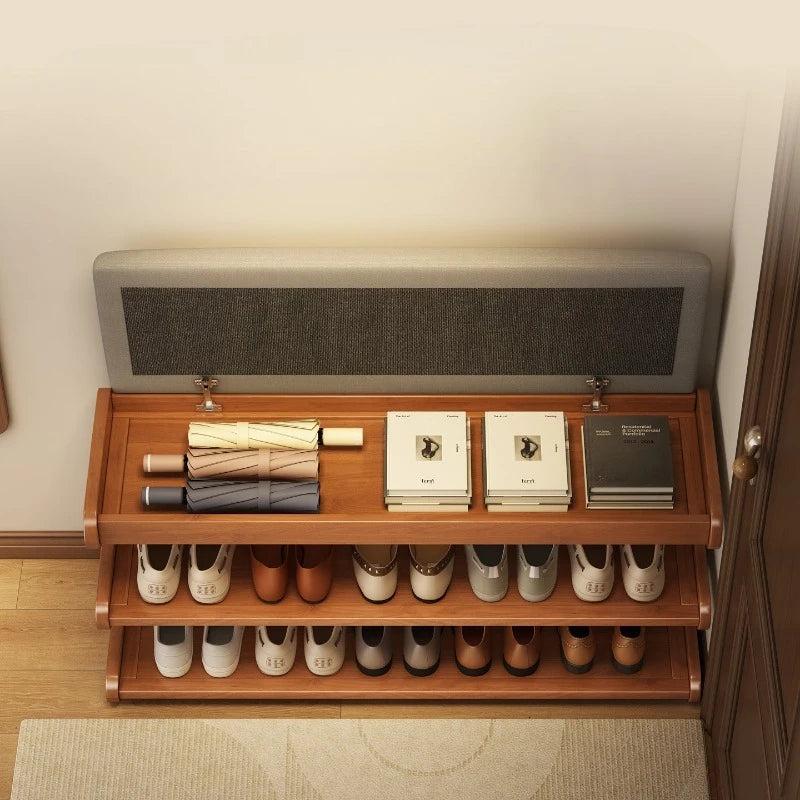 Entryway Bench with Storage, Modern Shoe Rack and Cushioned Seat, Multi-Layer Entry Organizer for Hallway and Home Foyer